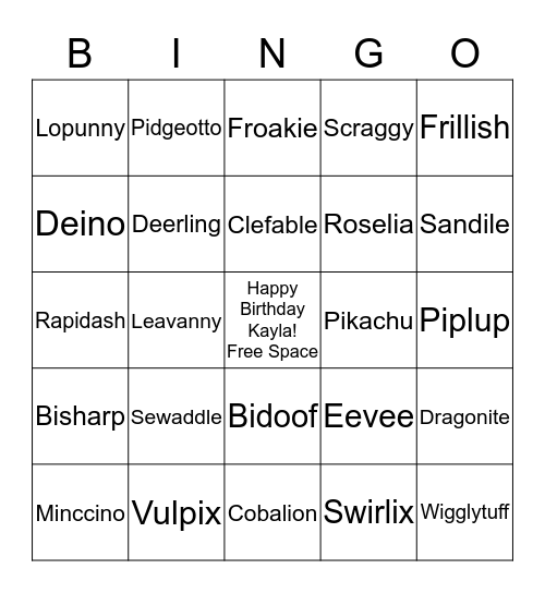 Pokemon Bingo Card