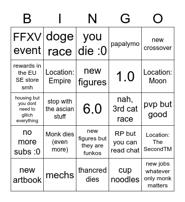 XIV Announcement Bingo Card