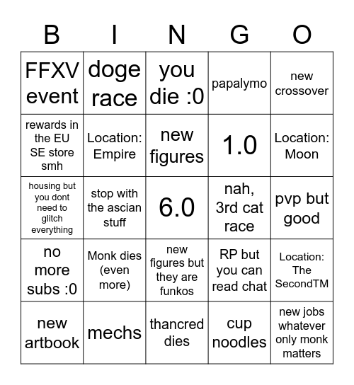 XIV Announcement Bingo Card