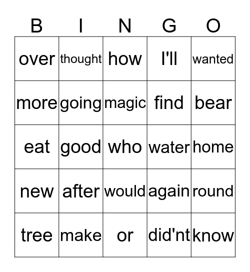 word bingo Card
