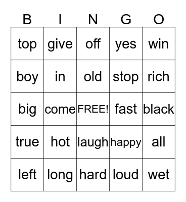 2nd Grade Antonyms Bingo Card