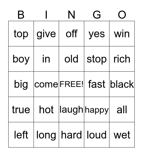 2nd Grade Antonyms Bingo Card