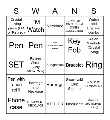 Swarovski Bingo Card