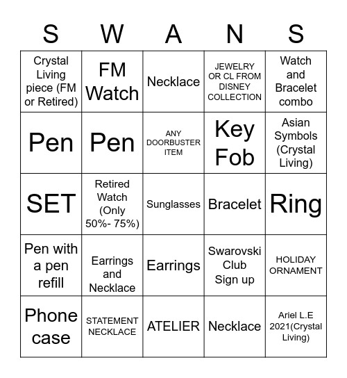 Swarovski Bingo Card