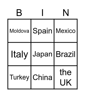 COUNTRIES Bingo Card