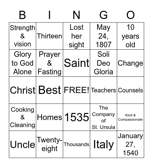 ST. ANGELA MERICI Bingo Card
