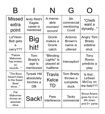 Super Bowl LV Bingo Card