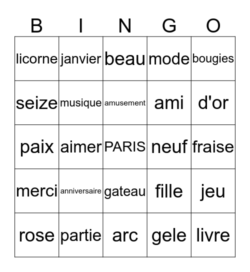 Paris Bingo Card