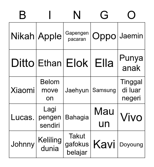 Bingo Ayas. Bingo Card