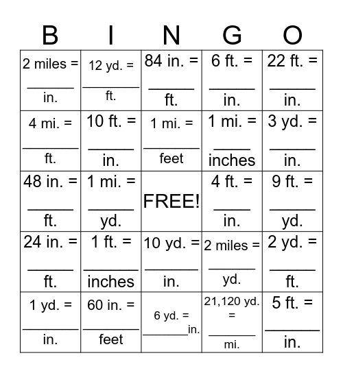 Measurement Conversion Bingo Card
