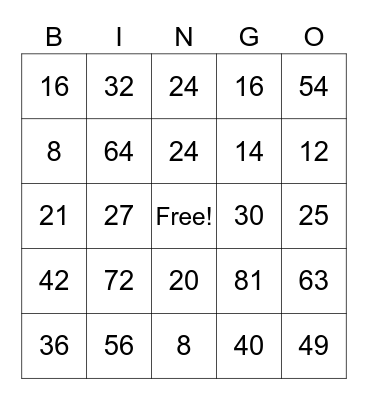 Multiplication Facts Bingo Card