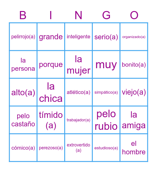 Avancemos 1.2 Bingo Card