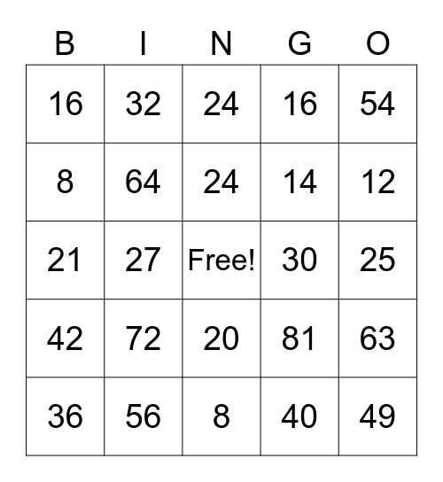 Multiplication Facts Bingo Card