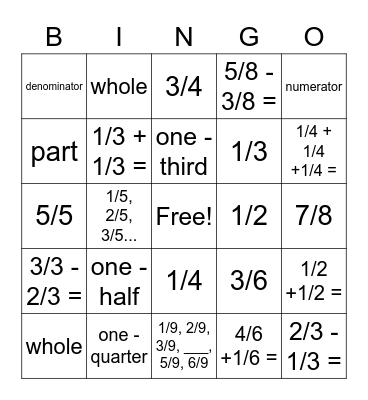 3rd Grade Math Fractions Bingo Card