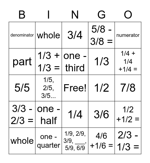 3rd Grade Math Fractions Bingo Card