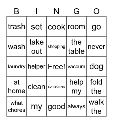 Chores Bingo Card