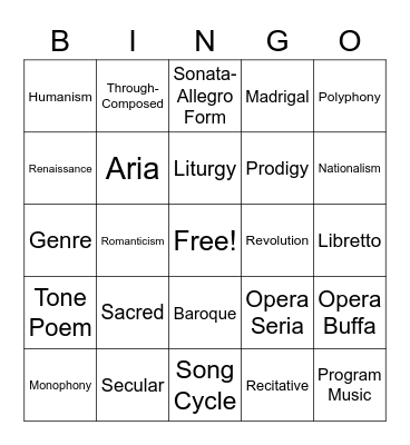 Western Music Test Review Bingo Card