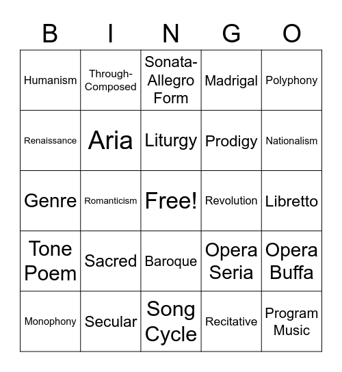 Western Music Test Review Bingo Card