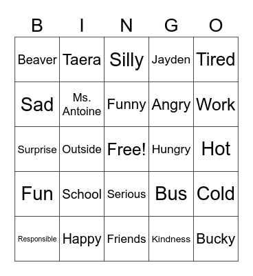 Social Emotional Bingo Card