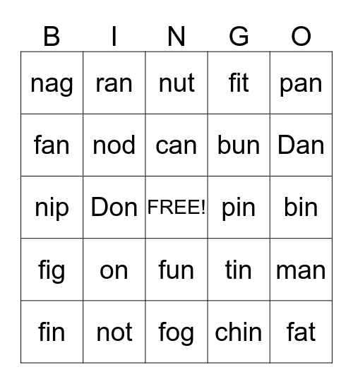 letter N Bingo Card