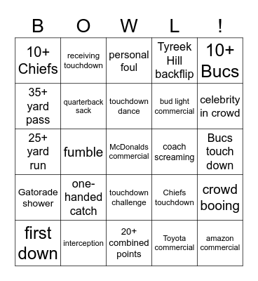 Chiefs Vs. Bucs 2021 SUPER Bingo Card