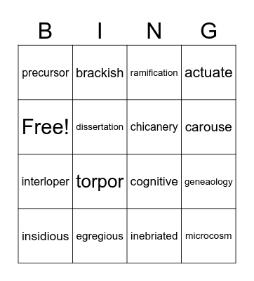 Vocabulary Review Bingo Card