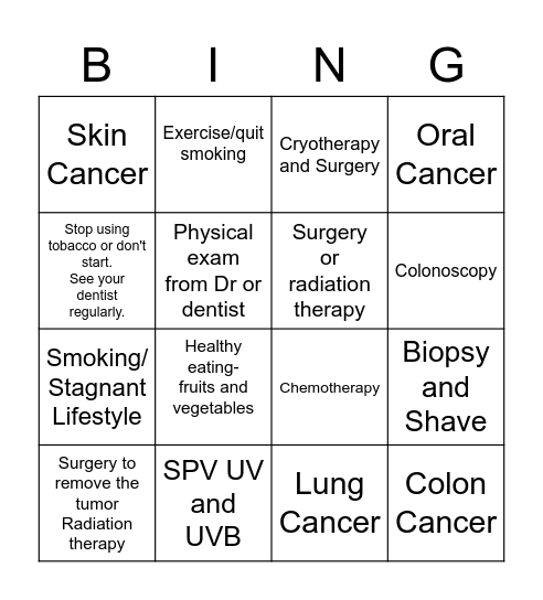 Beating Cancer Bingo Card