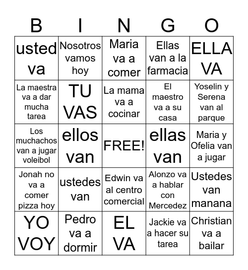 PRESENT TENSE OF IR Bingo Card