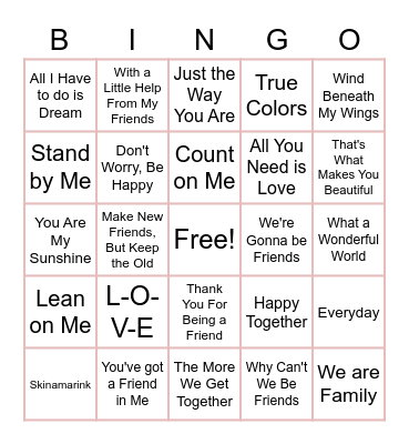 Friendship Music Bingo Card