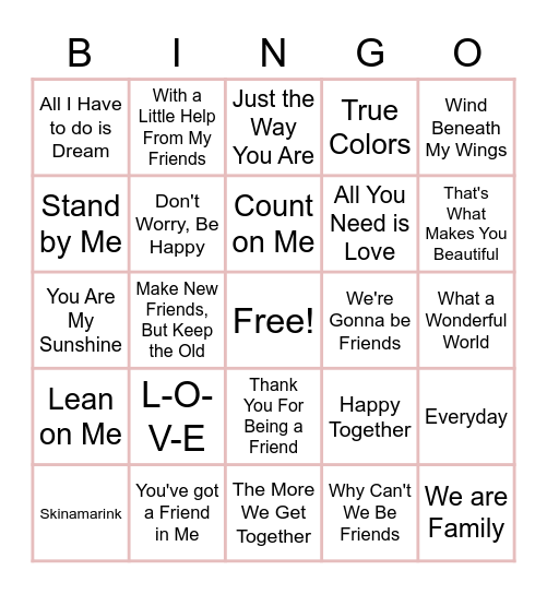 Friendship Music Bingo Card