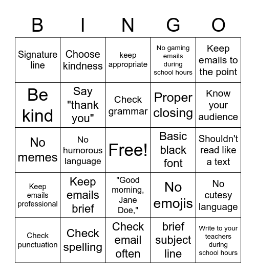 Email Etiquette Bingo Card