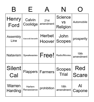 Roaring 20's Bingo Card