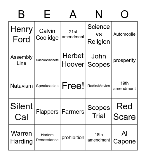 Roaring 20's Bingo Card