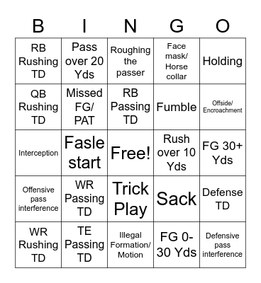 Super Bowl Bingo Card