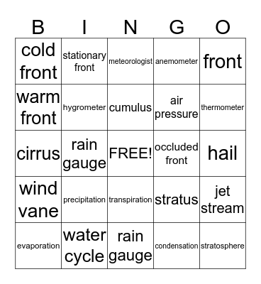 Weather Vocabulary Bingo Card