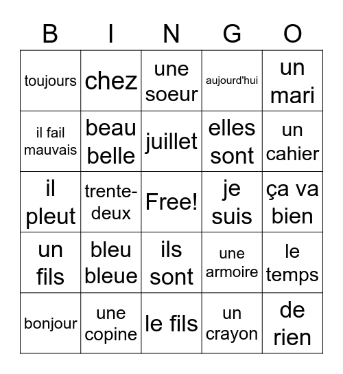 Frans: en action, woordenschat U 1 - 11 Bingo Card