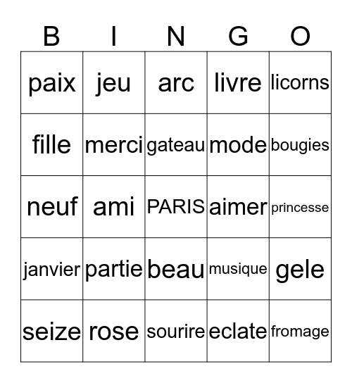 Paris Bingo Card