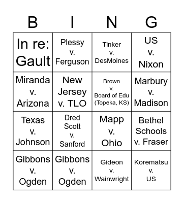 SCOTUS Landmark Bingo Card