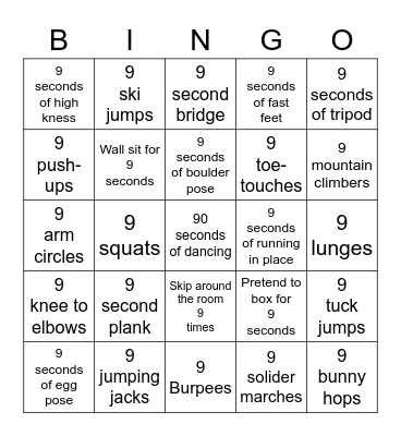 PS9's February Fitness Bingo FUNdraiser Bingo Card
