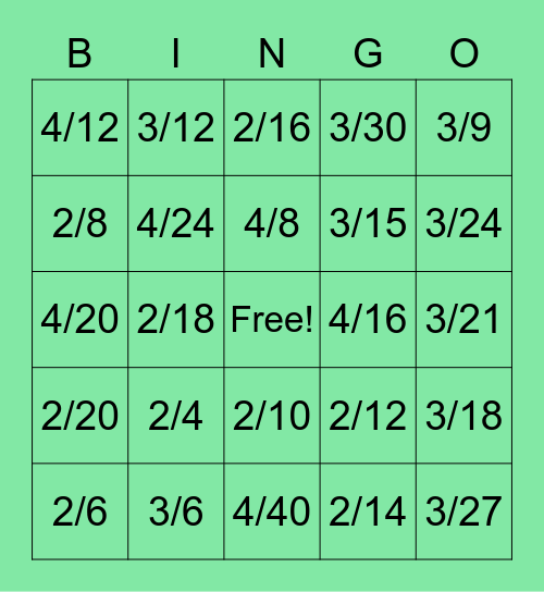 Unit Fraction Equivalents Bingo Card