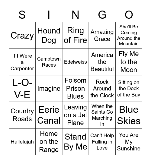 S-I-N-G-O Bingo Card