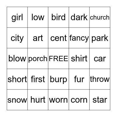 1st Grade - ir, ur, c /s/, ow /o/, ar, or Bingo Card