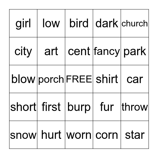 1st Grade - ir, ur, c /s/, ow /o/, ar, or Bingo Card