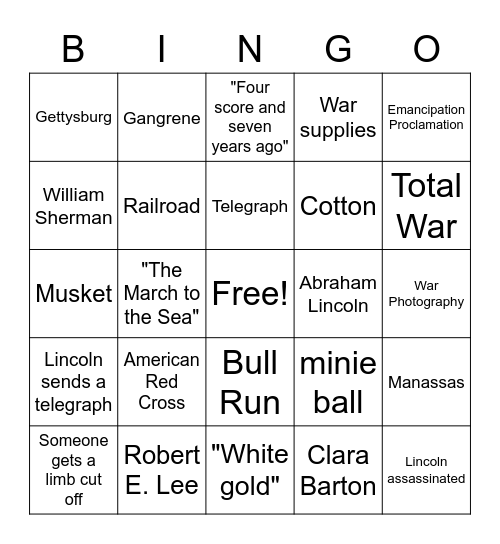 America: The Story of Us - Civil War Bingo Card