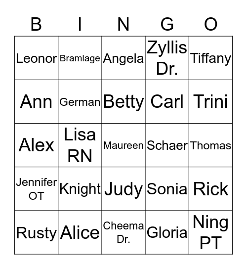 Names Bingo Card