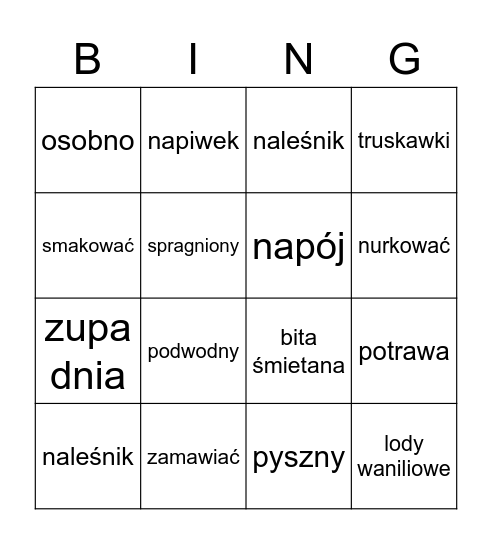 Restaurant Bingo Card