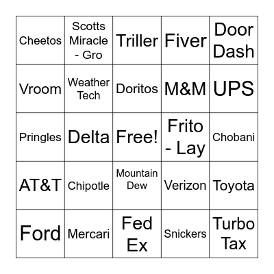 Super Bowl Commercial Bingo Card