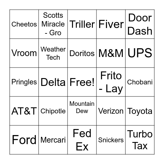 Super Bowl Commercial Bingo Card