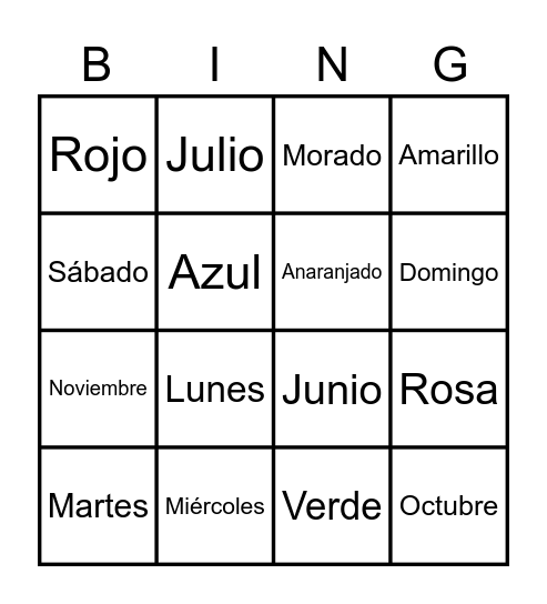 Spanish Bingo Card