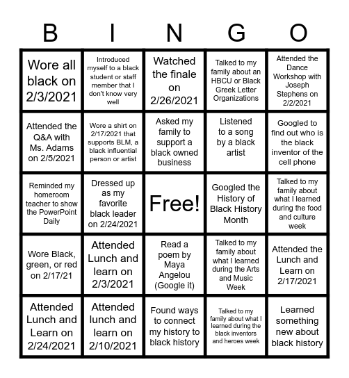 Yes Prep Southeast Black History Month 2021 Bingo Card